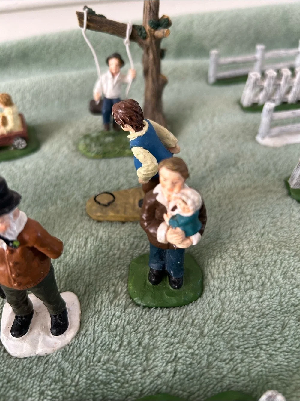 Folk Art picket fence grass snow people swing village accessory Christmas lot
